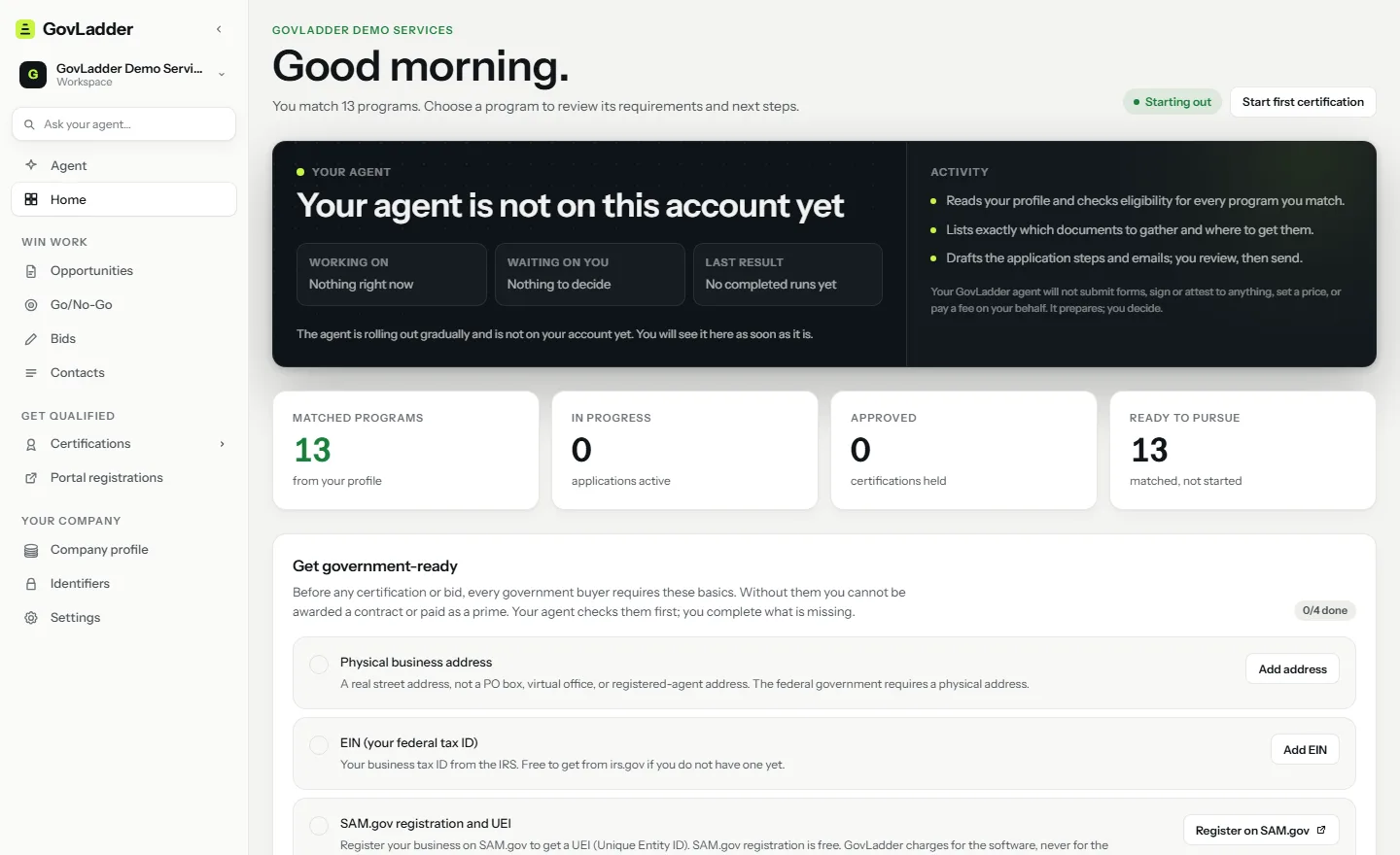 GovLadder Home: the agent console, matched programs, and the government-ready checklist
